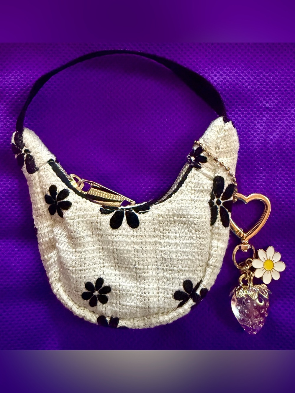 Cream Floral Mini Shoulder Bag with Strawberry and Daisy 🌼 Charm
